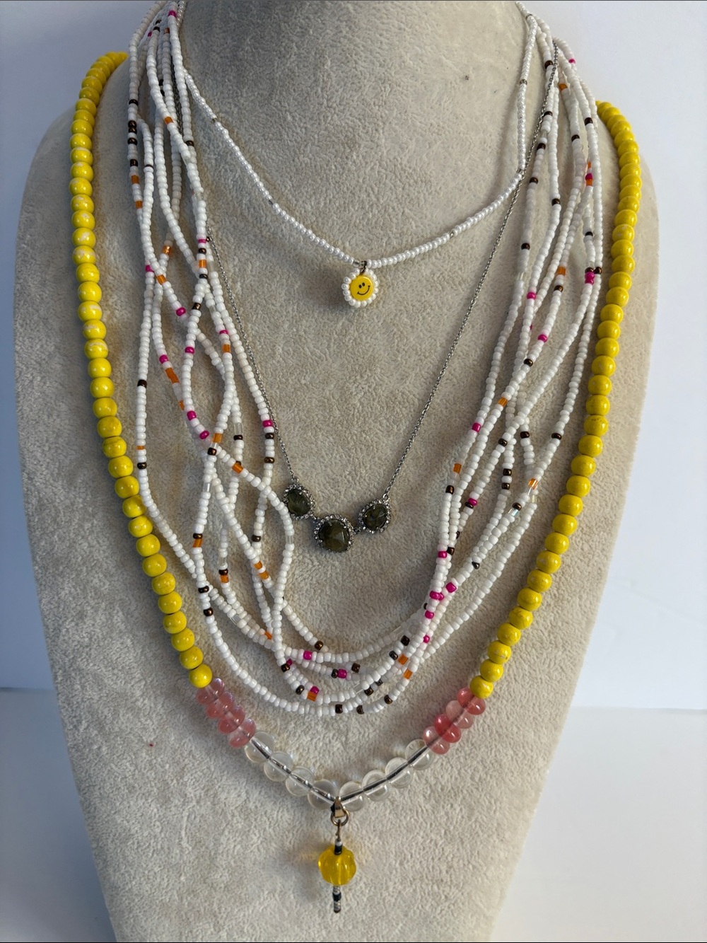 Layered Necklace Set Yellow White Beaded Glass Banana Republic Boho 4 Pc